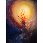 Katherine Larson - Vessel 2 | Acrylic on Board | 24" x 18" | $650"Often, plants would turn during the course of my painting to face the setting sun. After searching for some time to find a way to express this invisible relationship, I came upon a photo of a Tesla coil and was struck by how much the radiating energy resembled the veins, or vessels within leaves and flowers."