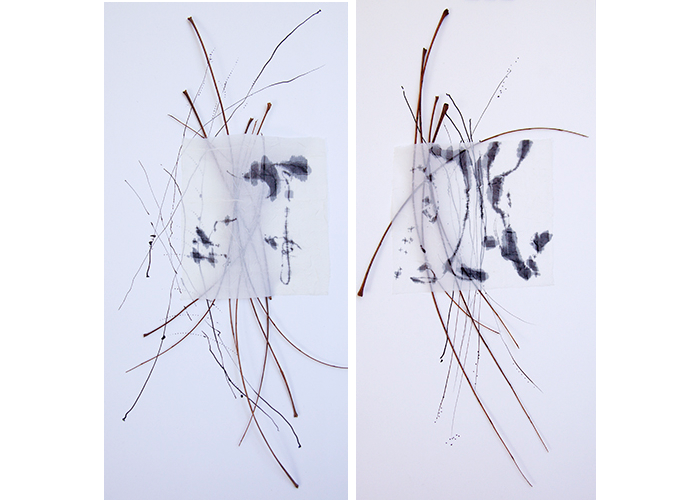 Marsha Wright - Petioles 3 and 4 | Mixed Media, Leaf Petioles, Sumi Ink, Fabric | 26" x 14" | $300 each"This process began with a walk in the park during the fall after the leaves had fallen. I enjoy connecting with nature in this way and then extending the relationship through my artwork."