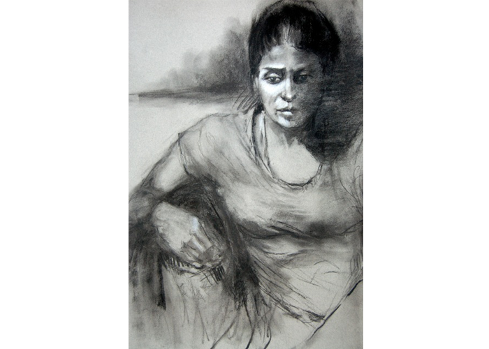 <b>Barbara Eko Murphy – <i>Thinking Out Loud</i> | charcoal on mi-teintes drawing paper | 24″ x 32″ | $750</b><br>As I drew this model, she looked troubled to me. I couldn’t help but wonder…did she have relationship problems? Was someone she loved hurting or in trouble? Did she have pressing tasks to accomplish or deadlines to meet? What was her personal “chaos”? Barbara Eko Murphy - Thinking Out Loud | charcoal on mi-teintes drawing paper | 24" x 32" | $750As I drew this model, she looked troubled to me. I couldn’t help but wonder…did she have relationship problems? Was someone she loved hurting or in trouble? Did she have pressing tasks to accomplish or deadlines to meet? What was her personal “chaos”?