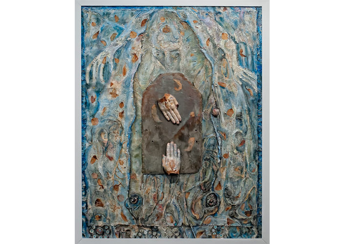 <b>Diane Marie Kramer – <i>Detour</i> | mixed media | 48″ x 40″ | $7,800</b><br>This work was composed as I was losing my father to a brutal battle of blood cancer. I spent each day for many years by his side. I massaged his feet and witnessed his pain as he worked with his dying process. When I felt his pulse slow down and then stop completely, I felt a presence of Spirit in the room. In making this art I honored the loss of my father and personal losses as well. The work is etched in loss, yet embraces new hope and discovery. Diane Marie Kramer - Detour | mixed media | 48" x 40" | $7,800This work was composed as I was losing my father to a brutal battle of blood cancer. I spent each day for many years by his side. I massaged his feet and witnessed his pain as he worked with his dying process. When I felt his pulse slow down and then stop completely, I felt a presence of Spirit in the room. In making this art I honored the loss of my father and personal losses as well. The work is etched in loss, yet embraces new hope and discovery.
