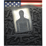 Edward Stopke - America's Gun-Death Culture—30,000 Gun Deaths/Year | oil painting on wood panel with wood cut-out shapes | 41" x 49" | $3,400I hear the many disturbing news reports  of America in chaos, spinning out of  control, paralyzed, unable to solve obvious problems. As a socially concerned artist,  I am compelled to say: It’s time to set aside pretty pictures. It’s time to get  serious. It’s time to make strong graphic statements as did the poster artists and painters of Pre-War Poland and Germany.