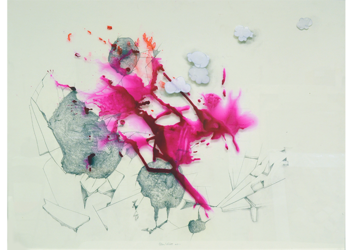 <b>Ellen Wilt – <i>Underneath</i> | graphite, cold press illustration board, water color | 30″ x 40.5″ | NFS</b><br>The layering process that went into making this piece represents the chaos of violence. On the glass surface there is a collage of shapes that signify smoke puffs from gunshots, and on the underside there is a splash of red ink to embody blood. Underneath everything is a graphite drawing of a bullet hole in the wall. Ellen Wilt - Underneath | graphite, cold press illustration board, water color | 30" x 40.5" | NFSThe layering process that went into making this piece represents the chaos of violence. On the glass surface there is a collage of shapes that signify smoke puffs from gunshots, and on the underside there is a splash of red ink to embody blood. Underneath everything is a graphite drawing of a bullet hole in the wall.