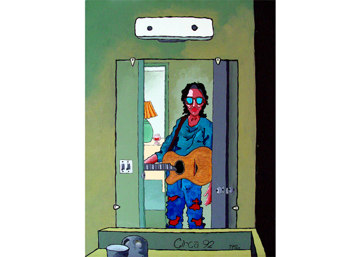 <b>James Niemi – <i>Circa ’92</i> | oil on canvas | 24″ x 18″ | $700</b><br>In the middle of a second divorce, living in a lousy apartment and having to pay the mortgage on a house I was forced to exit, I found myself missing my kids and torn between a day job I was deep into hating and the natural artist and musician I have always been. I recently brought out a canvas sketch I did during that time that was left unpainted, until years later when I could finally deal with it. The lack of strings on the guitar represents all that was missing and wrong about my life. James Niemi - Circa '92 | oil on canvas | 24" x 18" | $700In the middle of a second divorce, living in a lousy apartment and having to pay the mortgage on a house I was forced to exit, I found myself missing my kids and torn between a day job I was deep into hating and the natural artist and musician I have always been. I recently brought out a canvas sketch I did during that time that was left unpainted, until years later when I could finally deal with it. The lack of strings on the guitar represents all that was missing and wrong about my life.