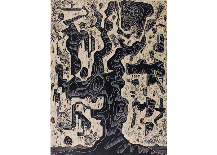 <b>Joshua Kochis – <i>Tree of Life, 2014</i> | woodcut print on japanese okawara | 32″ x 42″ | $700</b><br>In a dream I see my hand. It begins to grow; my wrist thickens and knots and my fingers twist upward, tapering out to veiny twigs. This Tree, which used to be my hand, extends into a third dimension called land. Crawly things called people fall in love and multiply. Suddenly, my hand shakes from the bottom up, casting the small people and land into the cosmos. “What chaos”, I think, if this was how life behaved. Joshua Kochis - Tree of Life, 2014 | woodcut print on japanese okawara | 32" x 42" | $700In a dream I see my hand. It begins to grow; my wrist thickens and knots and my fingers twist upward, tapering out to veiny twigs. This Tree, which used to be my hand, extends into a third dimension called land. Crawly things called people fall in love and multiply. Suddenly, my hand shakes from the bottom up, casting the small people and land into the cosmos. “What chaos”, I think, if this was how life behaved.