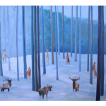 Judy Enright - Longing | oil on canvas | 40" x 56" | $1,500This painting represents the deep cold of winter that at times moves us inward and causes us to reflect on the chaos of our inner life. Deer know the secret of self renewal. They remind us of survival when we feel caught in the rut of this annual winter practice.