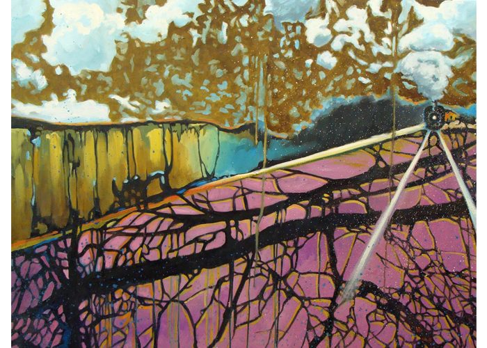 <b>Kate Paul – <i>Night Train</i> | oil on canvas | 40″ x 30″ | $900</b><br>This painting represents an incident where I started out chasing one idea and ended up with another. The previous forms are lost to me now, but in trying to solve the chaos of this picture I happened upon the idea of a wedge of branches at sunset, a partial image of train tracks, and a salvaged bit of painting that looked like daytime. A happy accident of day and night seem represented. I see the train as a lumbering changer of landscape and lives. Kate Paul - Night Train | oil on canvas | 40" x 30" | $900This painting represents an incident where I started out chasing one idea and ended up with another. The previous forms are lost to me now, but in trying to solve the chaos of this picture I happened upon the idea of a wedge of branches at sunset, a partial image of train tracks, and a salvaged bit of painting that looked like daytime. A happy accident of day and night seem represented. I see the train as a lumbering changer of landscape and lives.