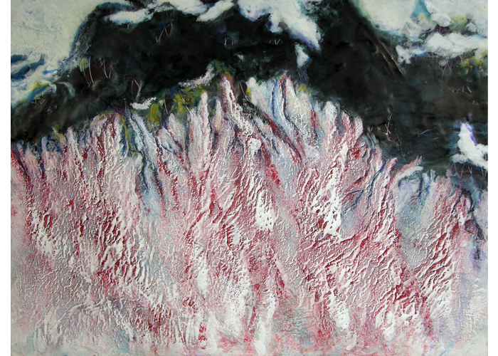 <b>Leslie Sobel – <i>Bleeding Fjord</i> | encaustic | 18″ x 24″ | $1,200</b><br>This piece is part of a climate series exploring the impact of climate change on vulnerable, high polar areas. Approaching this series from a dual perspective of emotion and data, I seek to express complex scientific and emotive ideas in encaustic. This process results in a final work that is both durable and fragile, much like the earth. Leslie Sobel - Bleeding Fjord | encaustic | 18" x 24" | $1,200This piece is part of a climate series exploring the impact of climate change on vulnerable, high polar areas. Approaching this series from a dual perspective of emotion and data, I seek to express complex scientific and emotive ideas in encaustic. This process results in a final work that is both durable and fragile, much like the earth.