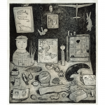 Lydia Aikenhead - Still-life | intaglio print | 10" x 12" | $250I am a collector and I treasure all things small, unnecessary and extraneous. While some objects of consumption serve their function by preserving memory or making palpable vague thoughts, they can also consume me at times by invading tabletops, shelves and drawers. This artwork is my attempt to instill order within this swarm of objects. I calm the chaos by replacing the objects themselves with a still and single image.