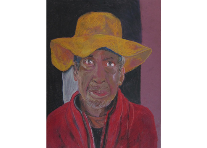 <b>Marcia Polenberg – <i>Homeless Man</i> | oil pastel | 24.5″ x 19.5″ | $900</b><br>This man wandered into the Clay Gallery, April, 2014. His expressive face and chaotic persona made a deep impression on me. He was clearly struggling with mental illness. When he saw that I was drawing, he insisted I take his photo and draw him too. I do worry about how this man is surviving the cold of winter and how he fares throughout the year. Marcia Polenberg - Homeless Man | oil pastel | 24.5" x 19.5" | $900This man wandered into the Clay Gallery, April, 2014. His expressive face and chaotic persona made a deep impression on me. He was clearly struggling with mental illness. When he saw that I was drawing, he insisted I take his photo and draw him too. I do worry about how this man is surviving the cold of winter and how he fares throughout the year.
