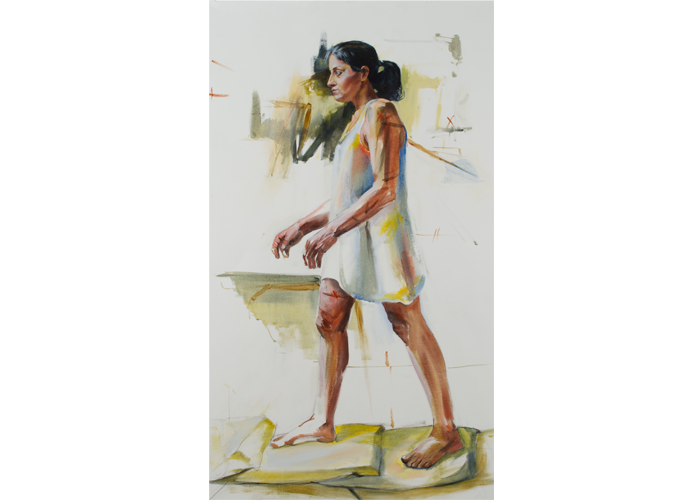 <b>Margaret Davis – <i>Sandbag Study I</i> | oil on paper | 44″ x 24″ | $1,400</b><br>The figures I imagine and develop are involved in the process of change. I am interested in both the large scope of change, as in evolution, and the specific individual experience of change. In the recent past figures live among scaffolding, implying restoration and repair. Currently, I am developing a body of work with figures among sandbags. Where the scaffolding is post events the sandbags are pre-event. Margaret Davis - Sandbag Study I | oil on paper | 44" x 24" | $1,400The figures I imagine and develop are involved in the process of change. I am interested in both the large scope of change, as in evolution, and the specific individual experience of change. In the recent past figures live among scaffolding, implying restoration and repair. Currently, I am developing a body of work with figures among sandbags. Where the scaffolding is post events the sandbags are pre-event.