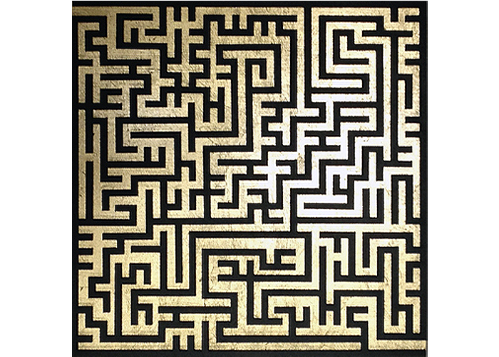 <b>Natasha Kohli</b> – <i>Gold Would</i> | acrylic and gold leaf on wood | 12″ x 12″ | $475<br>Prior to becoming a full time artist, emotional chaos was a familiar experience. The world and my life didn’t make sense, I didn’t seem to “fit.” Every day I felt I was repeating a familiar pattern. I often felt stuck. The “Would” series consists of mazes that offer no traditional solutions. In order to exit one must go over or around, seeking alternatives to traditional, familiar paths. Natasha Kohli - Gold Would | acrylic and gold leaf on wood | 12" x 12" | $475Prior to becoming a full time artist, emotional chaos was a familiar experience. The world and my life didn’t make sense, I didn’t seem to “fit.” Every day I felt I was repeating a familiar pattern. I often felt stuck. The “Would” series consists of mazes that offer no traditional solutions. In order to exit one must go over or around, seeking alternatives to traditional, familiar paths.