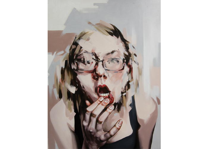 <b>Nicole Trimble – <i>The Big Head</i> | oil on canvas | 36″ x 48″ | $1,250</b><br>Central to the creation of these works are my own experiences with anxiety or feelings of cerebral discord or chaos. I choose images that speak to my psychological quirks; I pictorialize a state of dis-settlement or unease. I combine acutely rendered imagery with more impulsive and visceral paint handling. I seek to make visible the spectrum of my sensations at play, ultimately collapsing the spaces between. Nicole Trimble - The Big Head | oil on canvas | 36" x 48" | $1,250Central to the creation of these works are my own experiences with anxiety or feelings of cerebral discord or chaos. I choose images that speak to my psychological quirks; I pictorialize a state of dis-settlement or unease. I combine acutely rendered imagery with more impulsive and visceral paint handling. I seek to make visible the spectrum of my sensations at play, ultimately collapsing the spaces between.