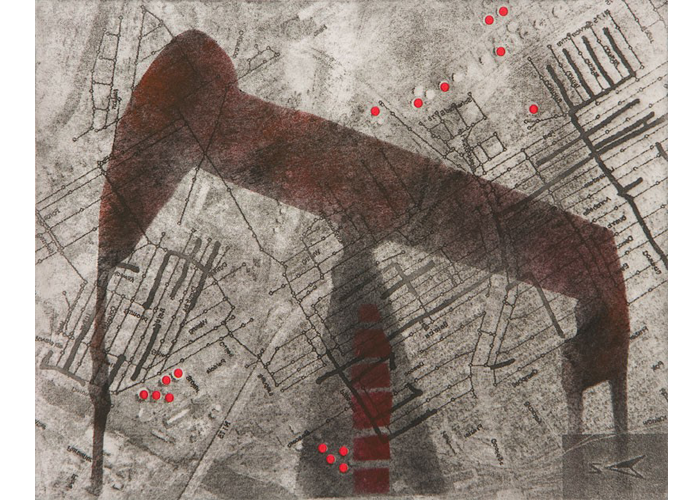 <b>Rosemary Lee – <i>To The Last Drop</i> | etching with pochoir | 15″ x 17″ | $300</b><br>This is a city map with an ominous shadow of an oil derrick looming over it. We are determined to suck up every drop of gas and oil that the planet contains. Then we’ll burn it all until we can no longer breathe. This is an attempt to use art in order to express my dismay at this prospect. Although I have no solution, I hope we humans will find one. Rosemary Lee - To The Last Drop | etching with pochoir | 15" x 17" | $300This is a city map with an ominous shadow of an oil derrick looming over it. We are determined to suck up every drop of gas and oil that the planet contains. Then we’ll burn it all until we can no longer breathe. This is an attempt to use art in order to express my dismay at this prospect. Although I have no solution, I hope we humans will find one.
