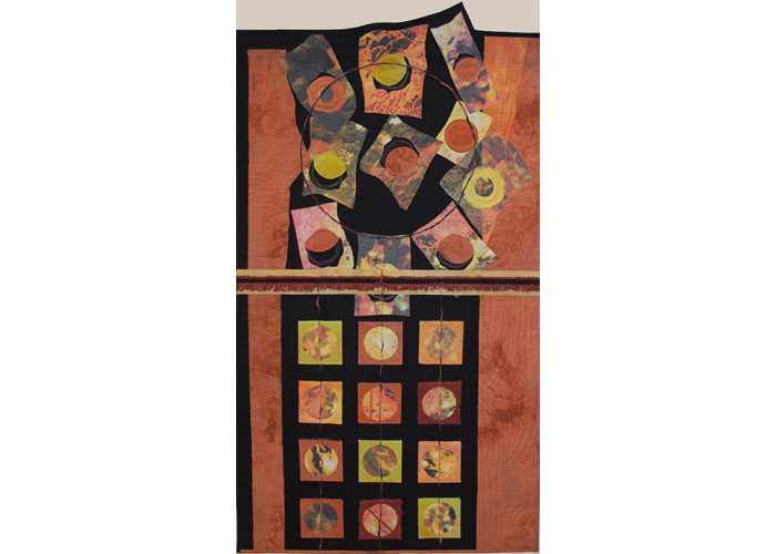 <b>Sandra Kunkle – <i>Shall I Not at Least Set my Things in Order?</i> | fiber | 57″ x 32″ | $700</b><br>I was born into and then married out of my childhood home. Over the course of my marriage we moved into and out of 14 homes, across multiple US States and Canada. When I moved into my current home, I said “this is the last time!” Two years later I created this fiber art in memory to those cartons, packed and unpacked so many times, spreading and spilling everywhere, until one-by-one out of the chaos order was restored. Sandra Kunkle - Shall I Not at Least Set my Things in Order? | fiber | 57" x 32" | $700I was born into and then married out of my childhood home. Over the course of my marriage we moved into and out of 14 homes, across multiple US States and Canada. When I moved into my current home, I said “this is the last time!” Two years later I created this fiber art in memory to those cartons, packed and unpacked so many times, spreading and spilling everywhere, until one-by-one out of the chaos order was restored.