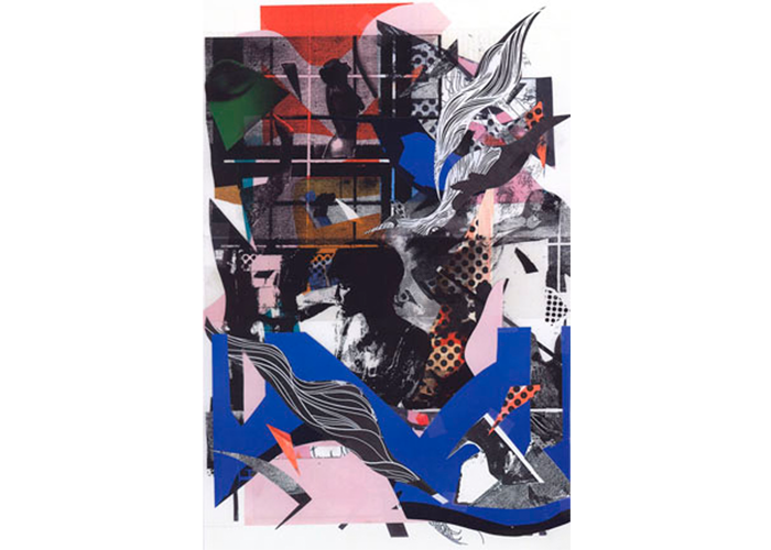 <b>Ted Ramsay – <i>Thinking of You</i> | mixed media collage print | 40″ x 30″ | $900</b><br>The two women in this print face the chaos of separation from each other due to physical space, cultural mores and the anguish over the absence of the other partner. The linear movements of line and color planes moving in three-dimensional spacial perspective aesthetically invoke the chaos in a subjective way. Ted Ramsay - Thinking of You | mixed media collage print | 40" x 30" | $900The two women in this print face the chaos of separation from each other due to physical space, cultural mores and the anguish over the absence of the other partner. The linear movements of line and color planes moving in three-dimensional spacial perspective aesthetically invoke the chaos in a subjective way.